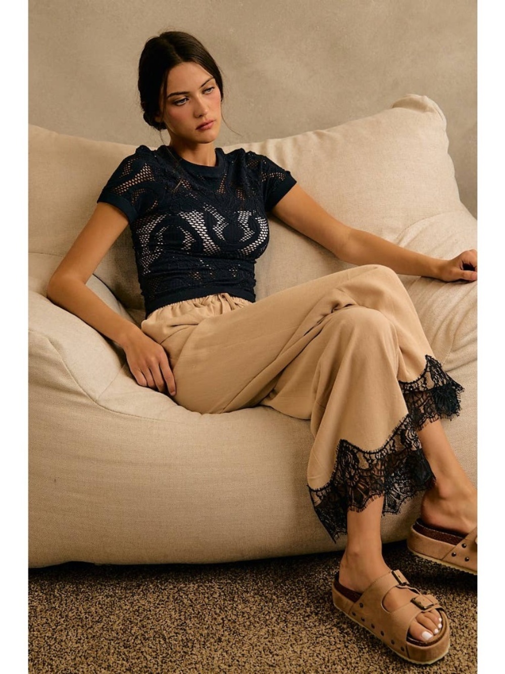 SM251 | Linen Blend Lace Trim Wide Leg Pants